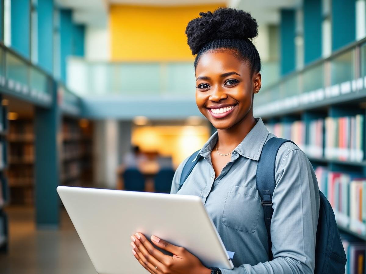 Student holding a laptop in a study space, representing scholarship opportunities